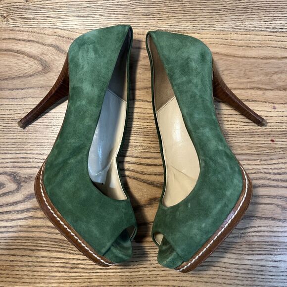 Zara Woman Peep Toe Green Suede Wood Heel Shoes‎ - Size EU 39, US 8 - Picture 4 of 7